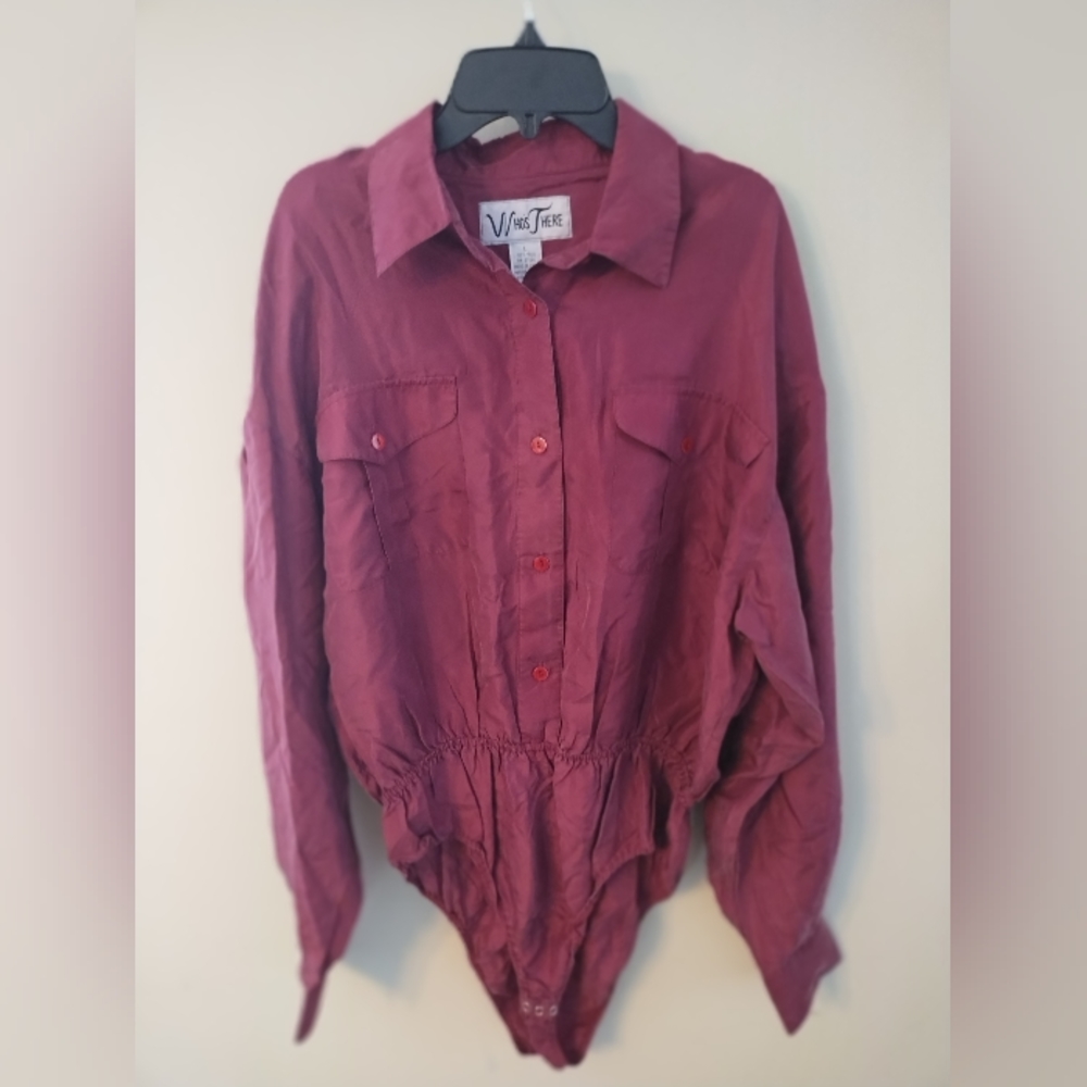 VINTAGE WHO'S THERE 100% SILK MAROON BUTTON BODYSUIT TOP SZ L